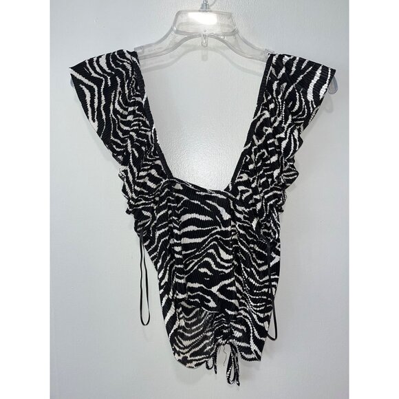 Zara Womens Zebra Print Ruched Ruffle Sleeve Top S Black & White Polyester NWT - Picture 2 of 9